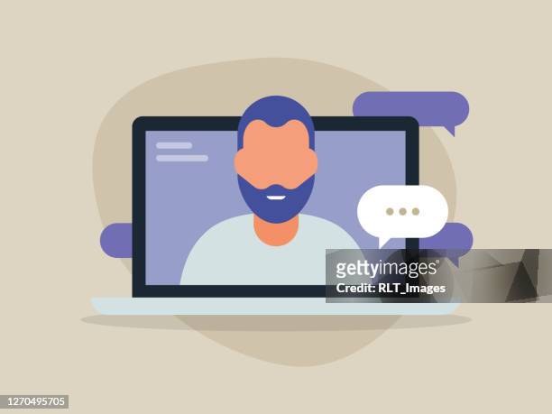 illustration of young man having discussion on laptop computer screen - device screen stock illustrations