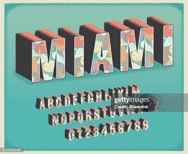 miami tropical floral travel postcard font alphabet set - three dimensional type stock illustrations