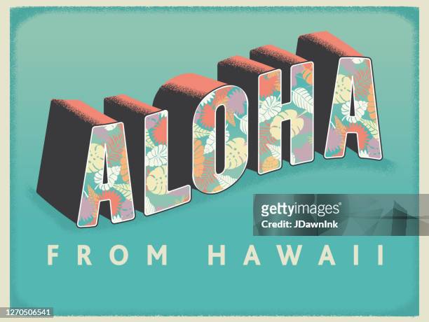 ilustraciones, imágenes clip art, dibujos animados e iconos de stock de diseño tipográfico de postal aloha from hawaii - saludo