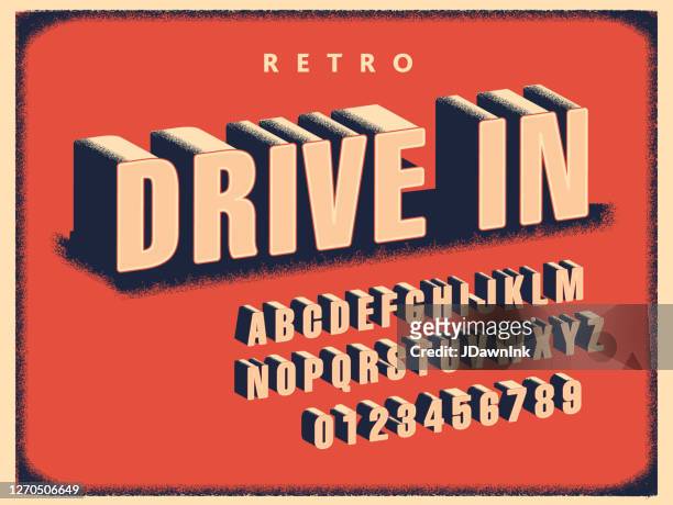 ilustrações, clipart, desenhos animados e ícones de conjunto de alfabeto de fonte retro drive in movie - movie theater