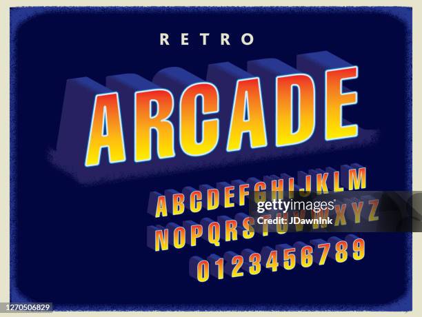 stockillustraties, clipart, cartoons en iconen met retro arcade titel scherm lettertype alfabet set - arcade