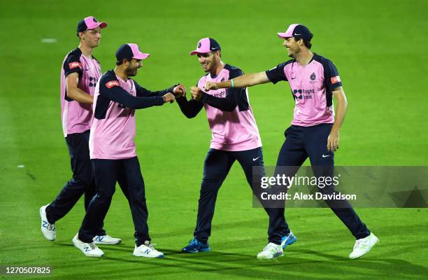 Steven Finn , Max Holden , Dan Lincoln and Luke Hollman of Middlesex celebrate after the dismissal of Ryan ten Doeschate of Essex during the Vitality...