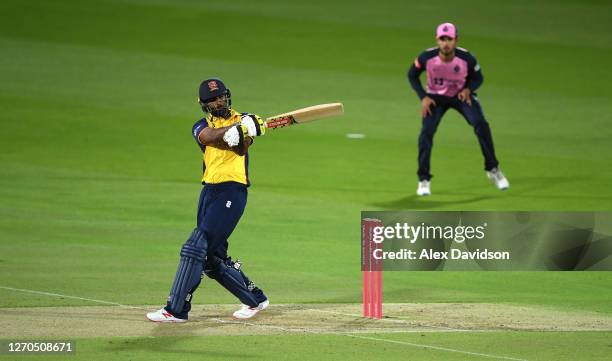 Varun Chopra of Essex hits runs during the Vitality Blast T20 match between Middlesex and Essex Eagles at Lord's Cricket Ground on September 03, 2020...