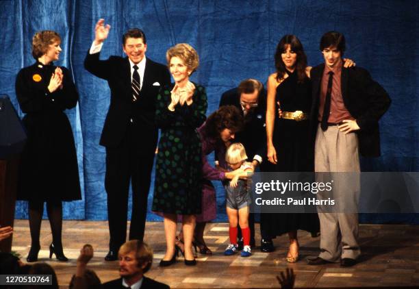 Ronald Reagan with his wife Nancy Reagan and members of their family, Maureen far left, Patti and Ron Reagan far right celebrate the victory making...