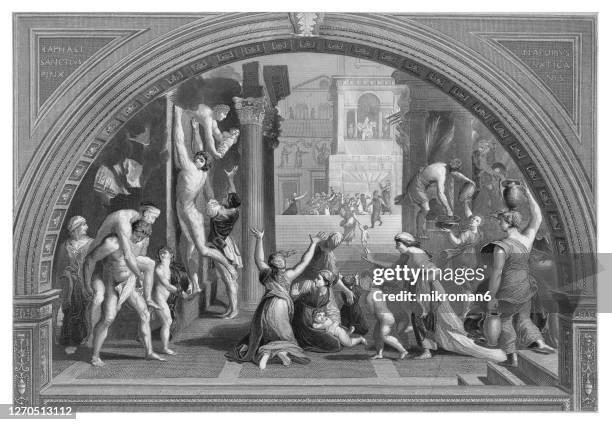 old engraved illustration of conflagration - rome, fresco in the vatican - roman fresco stock pictures, royalty-free photos & images