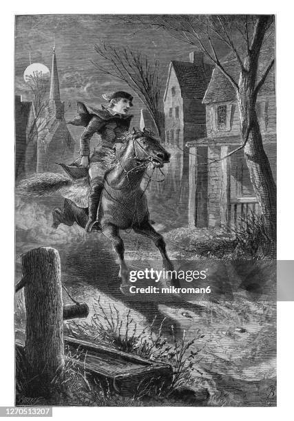 old engraved illustration of paul revere's midnight ride - war of independence ireland stock pictures, royalty-free photos & images