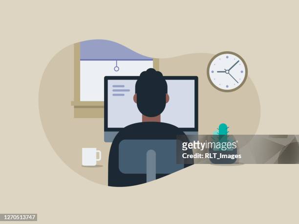 illustration eines jungen mannes, der in einem aufgeräumten homeoffice arbeitet - büro stock-grafiken, -clipart, -cartoons und -symbole