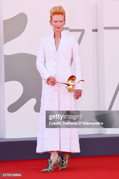 Tilda Swinton walks the red carpet ahead of the movie "The Human Voice" at the 77th Venice Film Festival at on September 03, 2020 in Venice, Italy.