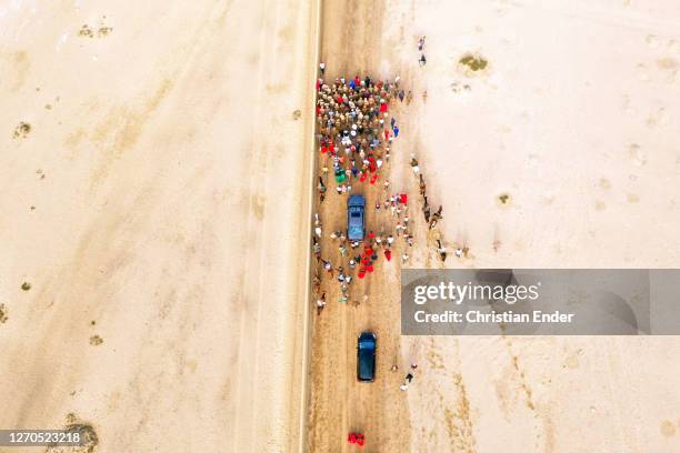 In this aerial view, members of the Herero and Nama communities take part on the Reparation Walk 2019, starting here at Swakopmund...