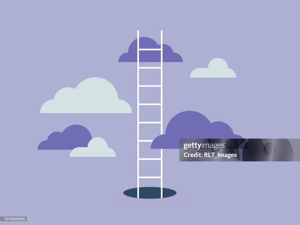 Illustration of ladder emerging from hole and leading into the clouds