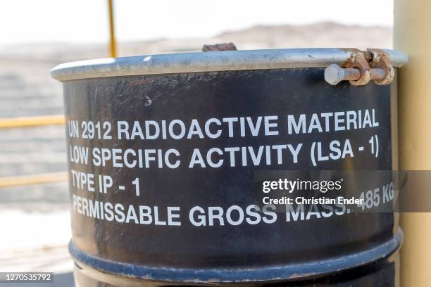 Barrel containing radioactive material stands at the Roessing Mine near Arandis, Namibia, on April 5, 2019. The Roessing Uranium Mine in Namibia is...