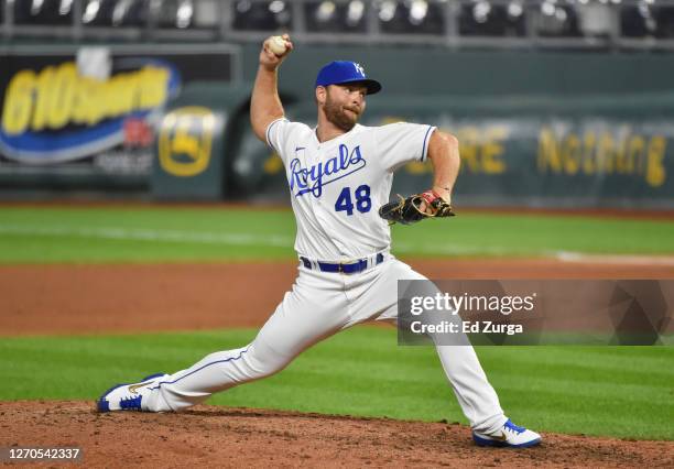 Relief pitcher Chance Adams of the Kansas City Royals throws in the eighth inning against the Chicago White Sox at Kauffman Stadium on September 03,...