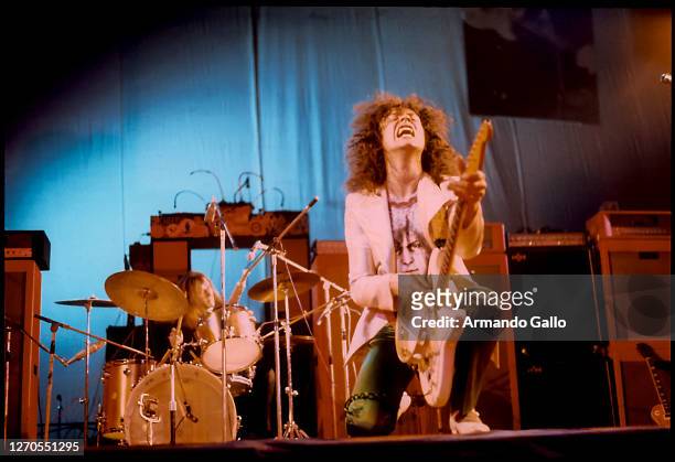 Guitarist Marc Bolan performs Live with Band T REX at the Wembley Arena in London 1973