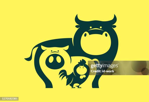 illustrazioni stock, clip art, cartoni animati e icone di tendenza di simbolo di pollo maiale vaccino - tre animali