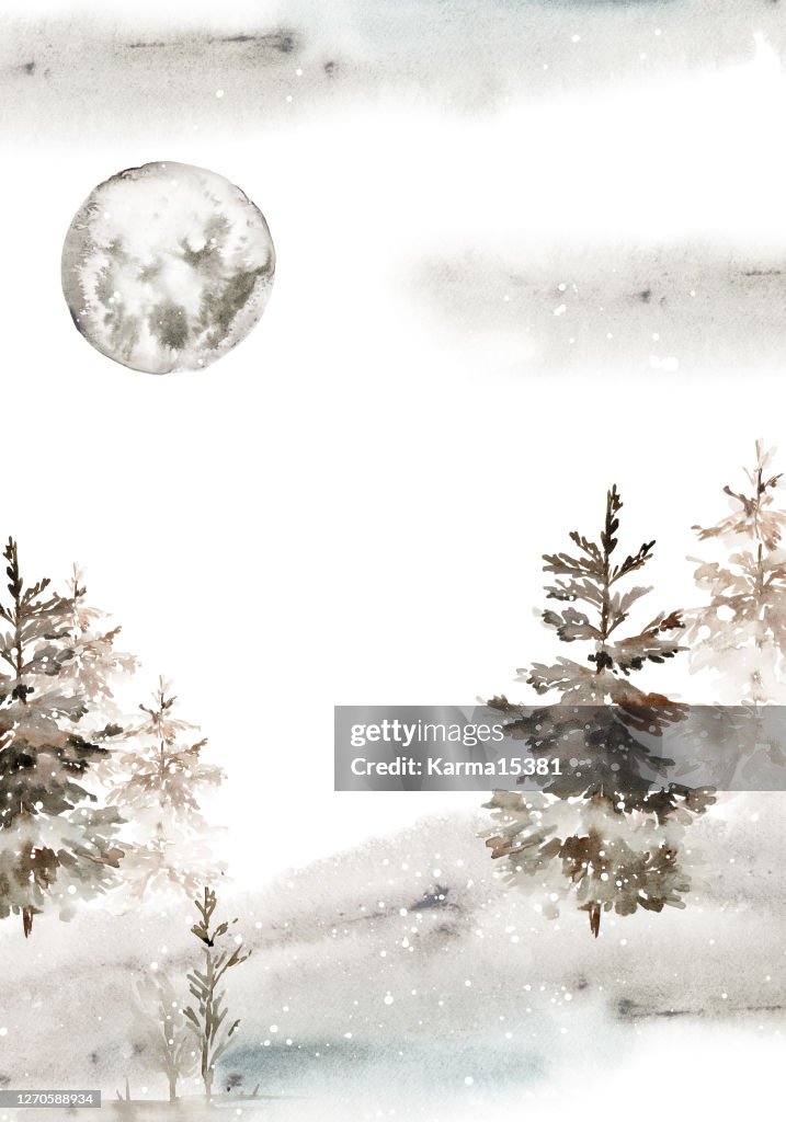 Fototapeta Watercolor christmas card with winter landscape