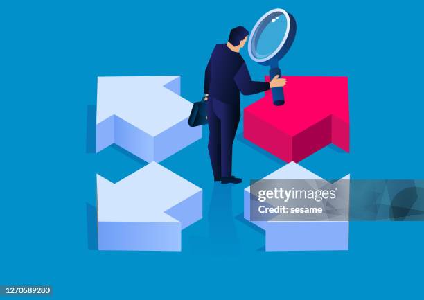 decision, businessman holding a magnifying glass looking at arrows pointing in four directions, conceptual business vector illustration - conclusion stock illustrations