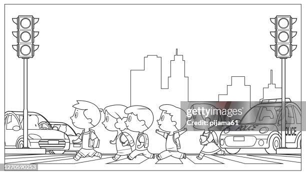 black and white, traffic lights and children - coloring book stock illustrations