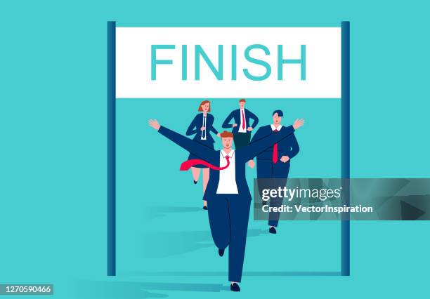 businessmen running across the finish line - finish line stock illustrations