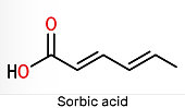 Sorbic acid, 2,4-hexadienoic acid, E200 molecule. It is hexadienoic and polyunsaturated fatty acid. It is conjugate acid of sorbate. Skeletal chemical formula.
