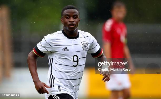 Youssoufa Moukoko of Germany gestures during the international friendly match between Germany U20 and Denmark U20 at Edmund-Plambeck-Stadion on...