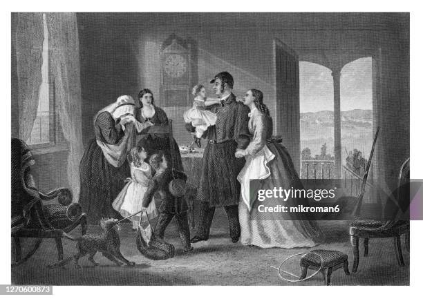 antique illustration of the departure for the war - soldier leaving his family to go to war - crying stock illustrations stock pictures, royalty-free photos & images