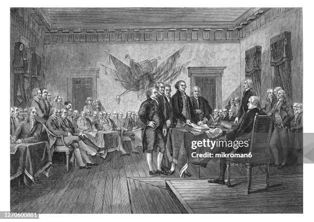 old engraved illustration of the signing of the united states declaration of independence occurred primarily on august 2, 1776 at the pennsylvania state house, independence hall in philadelphia, pennsylvania. - founding fathers of the united states stock pictures, royalty-free photos & images