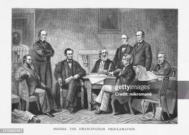 old engraved illustration of the signing of the emancipation proclamation - abolitionism anti slavery movement stock pictures, royalty-free photos & images