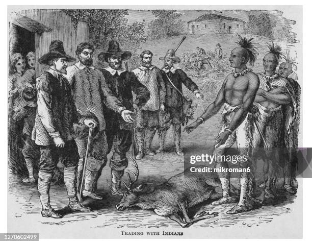 old engraved illustration of trading with indians - colonial america stock pictures, royalty-free photos & images