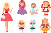 Dolls for kids. Funny children toys male and female cute models for playing vector illustrations
