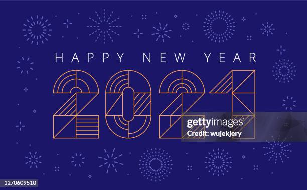 stockillustraties, clipart, cartoons en iconen met geometrische gelukkige nieuwe jaar 2021 wenskaart met vuurwerk - 2021