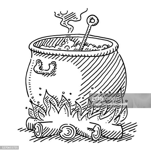 cauldron cooking on camp fire drawing - cauldron stock illustrations