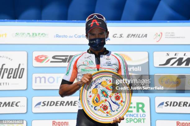 Podium / Jhonnatan Narvaez Prado of Ecuador and Team INEOS - Grenadiers White Leader Jersey / Celebration / Trophy / Mask / Covid safety measures /...