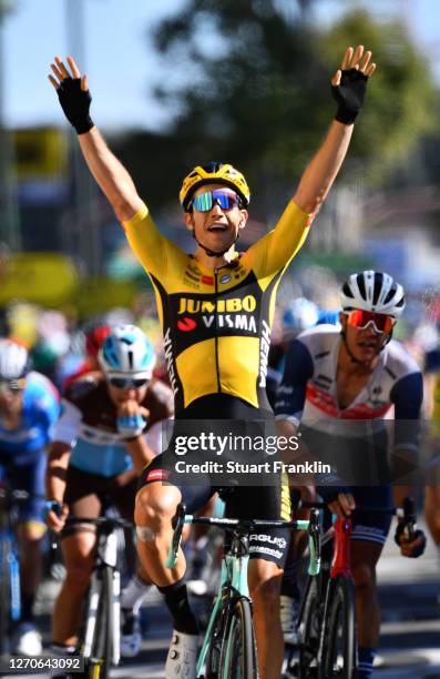 Arrival / Wout Van Aert of Belgium and Team Jumbo - Visma / Celebration / Jasper Stuyven of Belgium and Team Trek - Segafredo / Edvald Boasson Hagen...