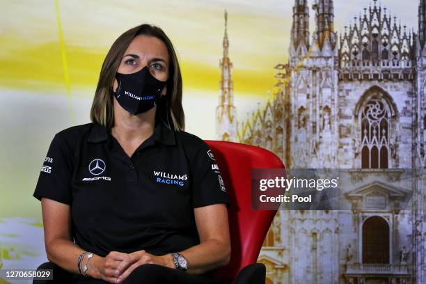 Williams Deputy Team Principal Claire Williams talks in a press conference during practice for the F1 Grand Prix of Italy at Autodromo di Monza on...