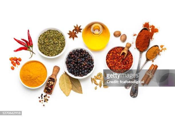 spices variation on white background. overhead view - spice stock pictures, royalty-free photos & images
