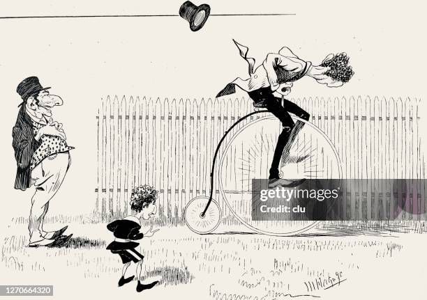 ilustrações de stock, clip art, desenhos animados e ícones de penny farthing bicyclist passing a fence, hat flying away - chapéu homburg