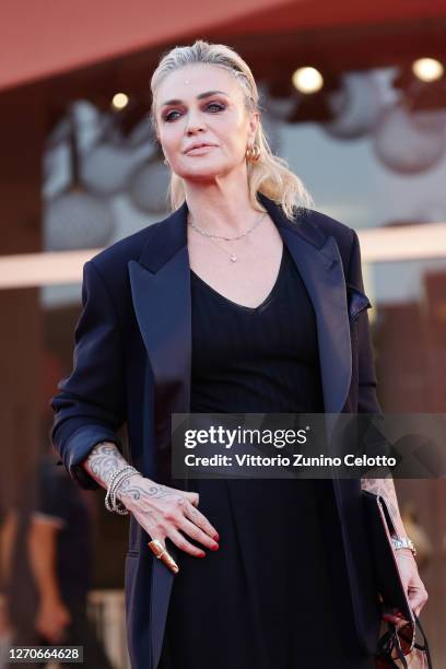 Paola Barale walks the red carpet ahead of the movie "Padrenostro" at the 77th Venice Film Festival at on September 04, 2020 in Venice, Italy.