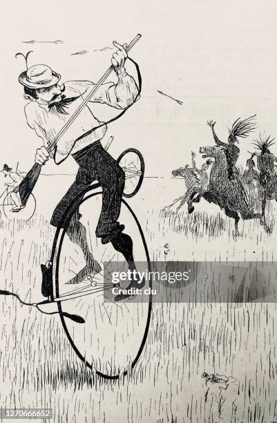 ilustraciones, imágenes clip art, dibujos animados e iconos de stock de penny farthing ciclista en el salvaje oeste - gimnasia artistica