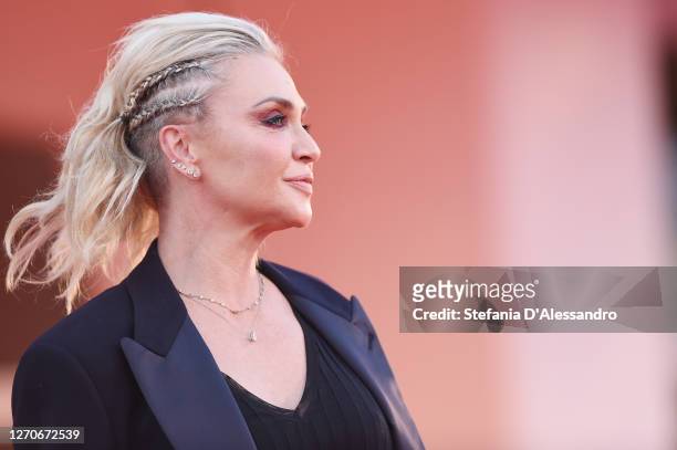Paola Barale walks the red carpet ahead of the movie "Padrenostro" at the 77th Venice Film Festival at on September 04, 2020 in Venice, Italy.