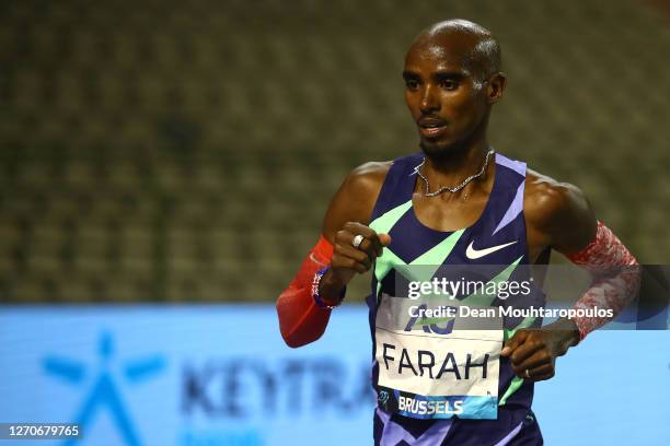 Mo Farah of Great Britain and Northern Irelands competes in the One Hour Race during the Memorial Van Damme Brussels 2020 Diamond League meeting at...