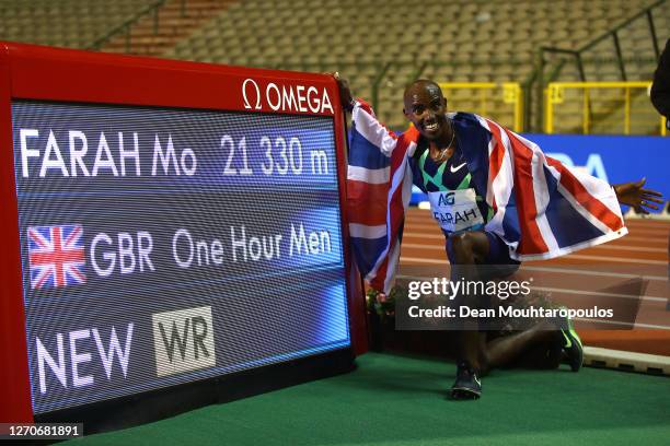 Mo Farah of Great Britain and Northern Irelands celebrates winning the One Hour Race with a new World Record time during the Memorial Van Damme...