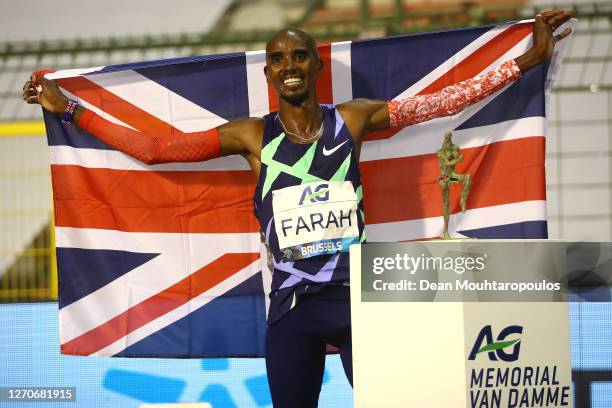 Mo Farah of Great Britain and Northern Irelands celebrates winning the One Hour Race during the Memorial Van Damme Brussels 2020 Diamond League...