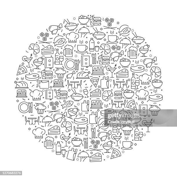 pattern with restaurant and food icons. black and white thin line icons - dining background stock illustrations