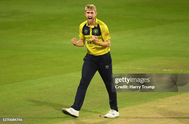 Olly Stone of Birmingham Bears celebrates after taking the wicket of Steve Davies of Somerset during the Vitality T20 Blast match between Somerset...