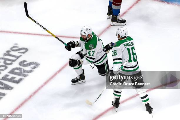 Alexander Radulov of the Dallas Stars is congratulated by his teammate, Joe Pavelski after scoring a goal against the Colorado Avalanche during the...