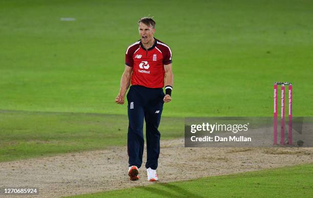 Tom Curran of England celebrates victory after bowling the final over during the 1st Vitality International Twenty20 match between England and...