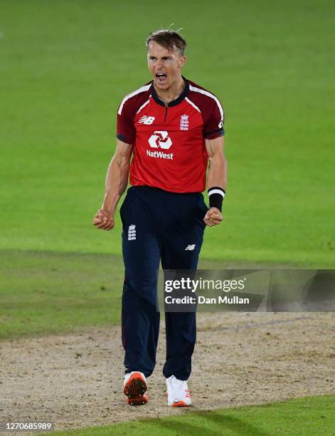 Tom Curran of England celebrates victory after bowling the final over during the 1st Vitality International Twenty20 match between England and...