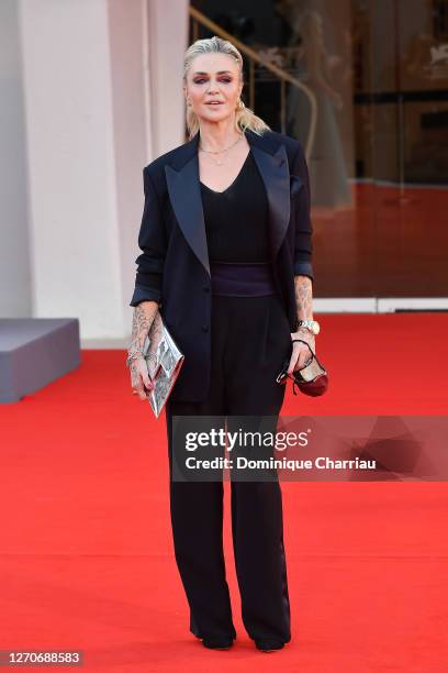 Paola Barale walks the red carpet ahead of the movie "Padrenostro" at the 77th Venice Film Festival at on September 04, 2020 in Venice, Italy.