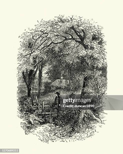 man walking in countryside, climbing over wooden stile, victorian - stye stock illustrations