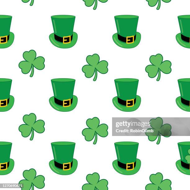 leprechaun hats and clover leaves seamless pattern - four leaf clover background stock illustrations